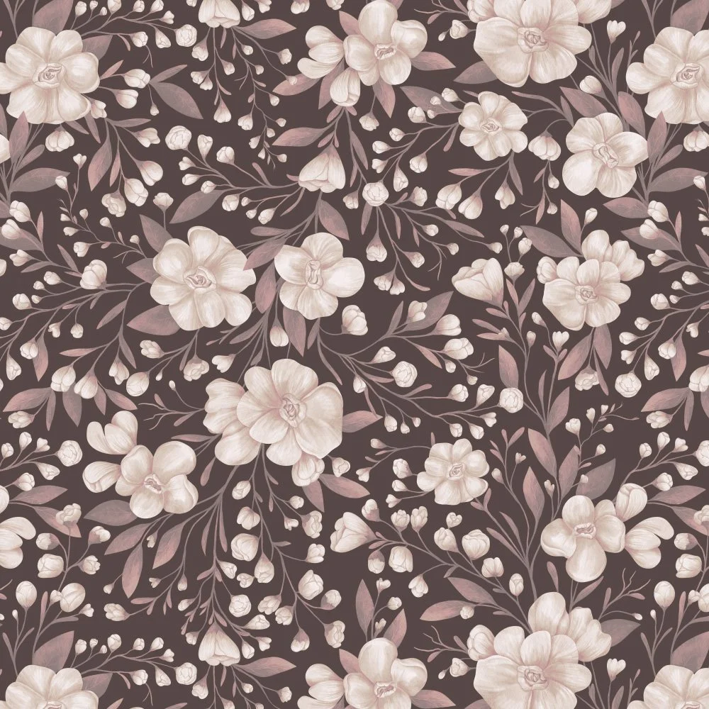 Cosmos Flowers · hero print: cream cosmos blooms and rosewood leaves on deep espresso brown