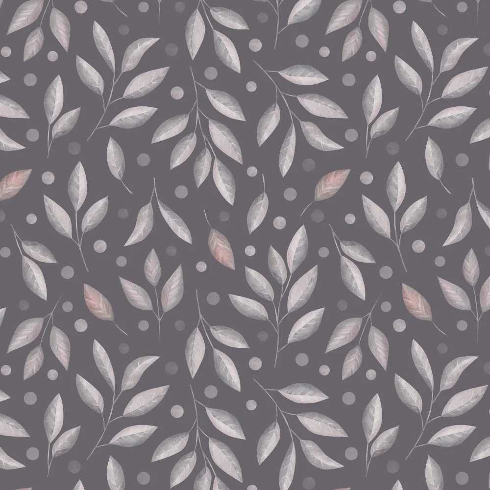 Quiet Foliage · coordinate: grey and mauve watercolor leaves on charcoal