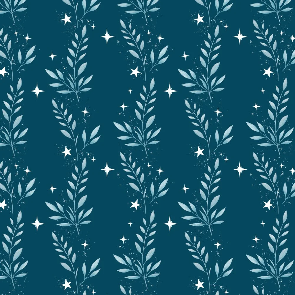 Twilight Blossoms · coordinate: trailing blossom vines and stars on midnight navy