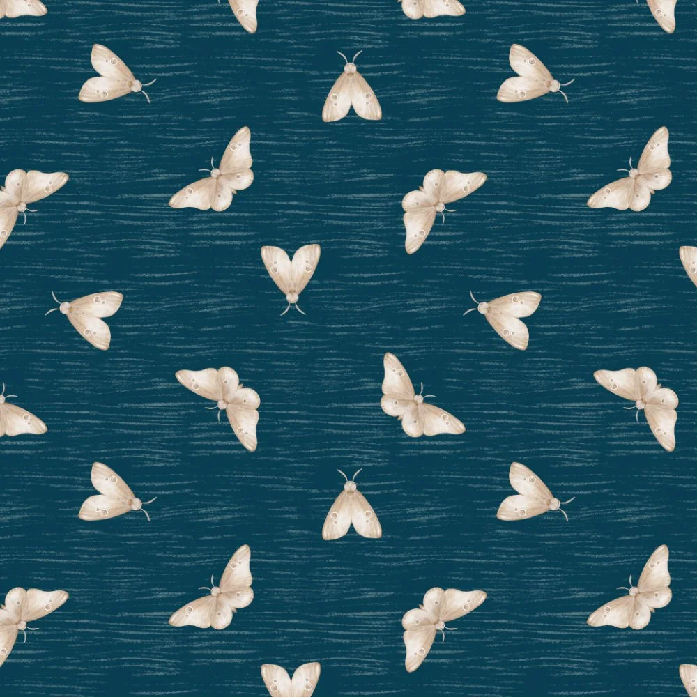 Midnight Flutter · coordinate: cream moths fluttering on textured midnight navy
