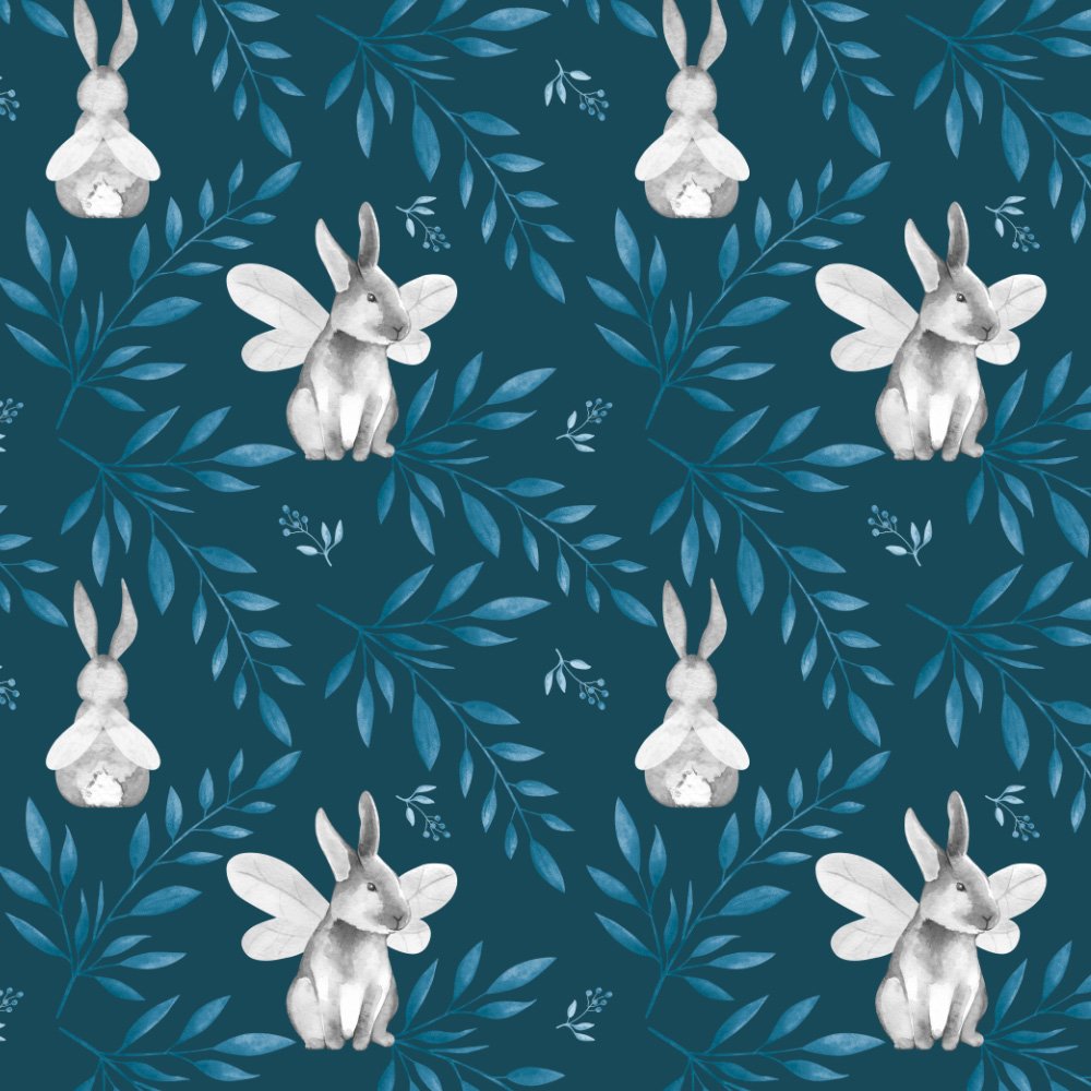 Fairy Tale Bunnies · coordinate: white bunnies among leafy branches on midnight navy