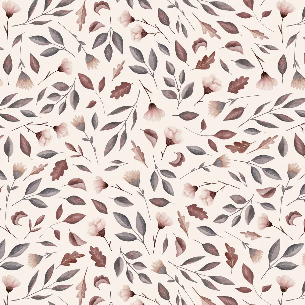 Gathered Wildflowers · coordinate: tossed rosewood leaves and tiny blooms on warm cream