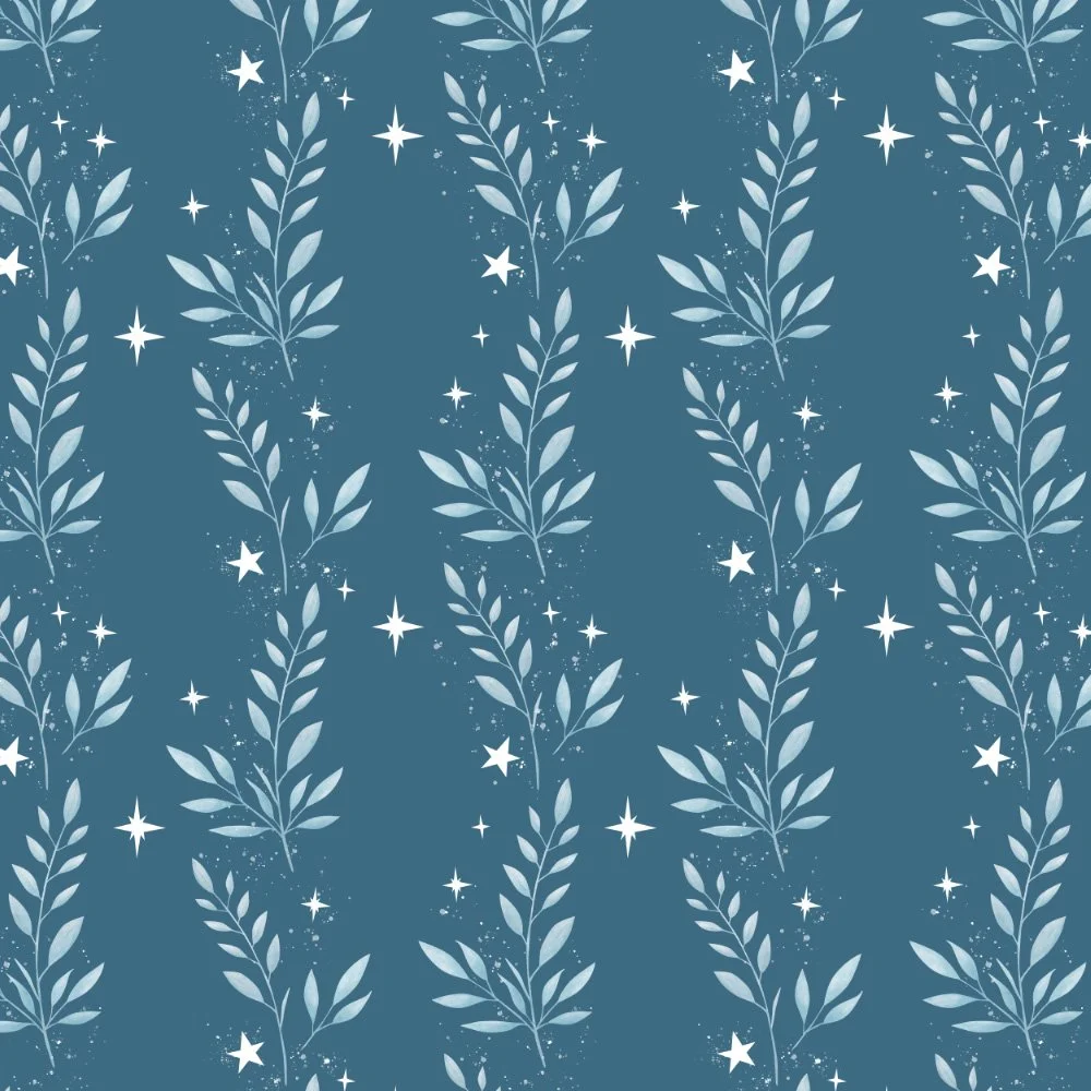 Twilight Blossoms · coordinate: trailing blossom vines and stars on dusk blue