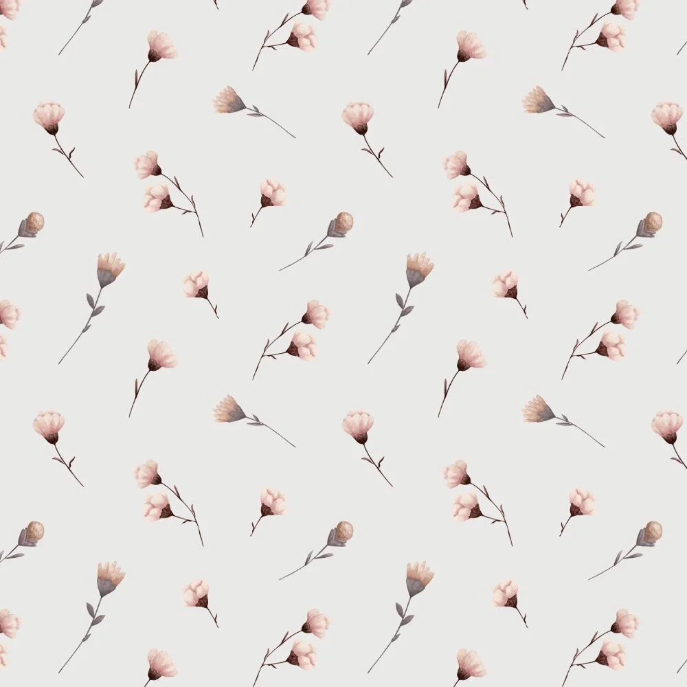 Gentle Blooms · coordinate: tiny blush buds on slender stems scattered on warm cream