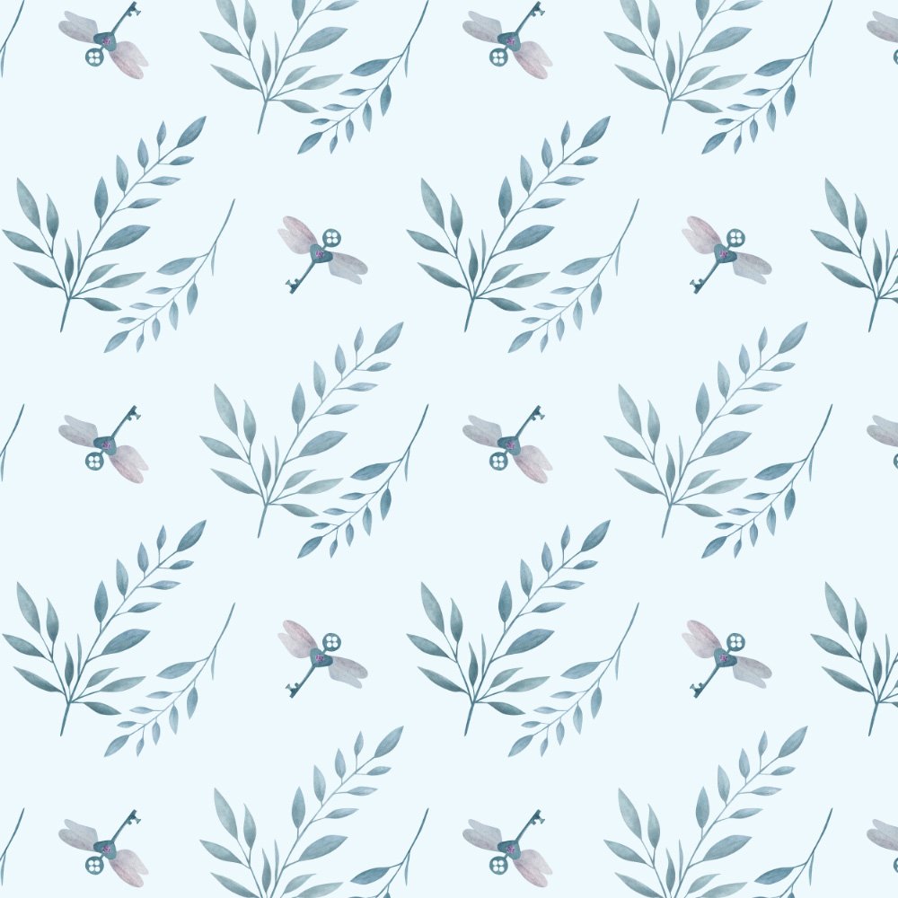 Mystic Grove · coordinate: leafy sprigs and tiny moths on pale mist