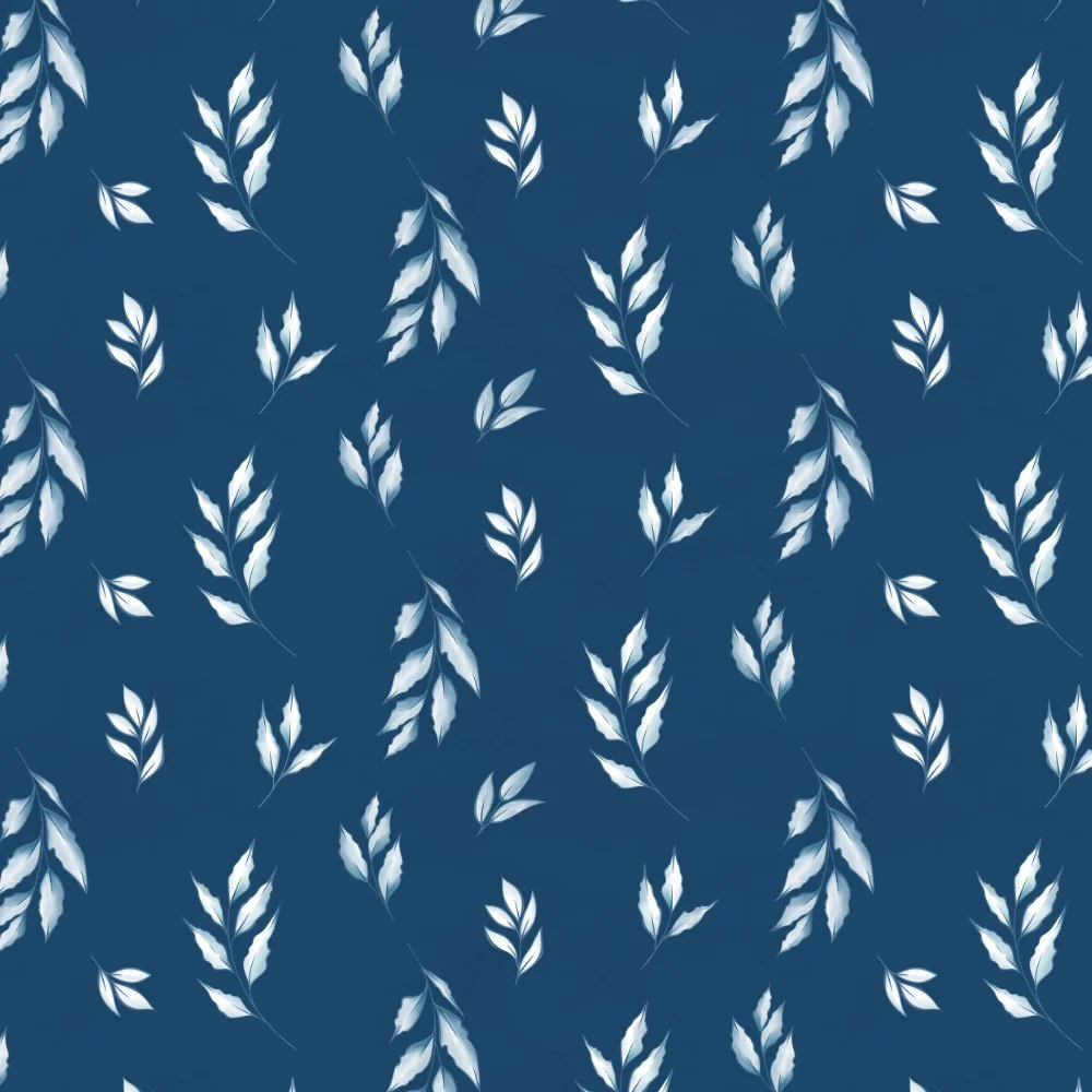 Delft Leaves · coordinate: white leafy sprigs on navy