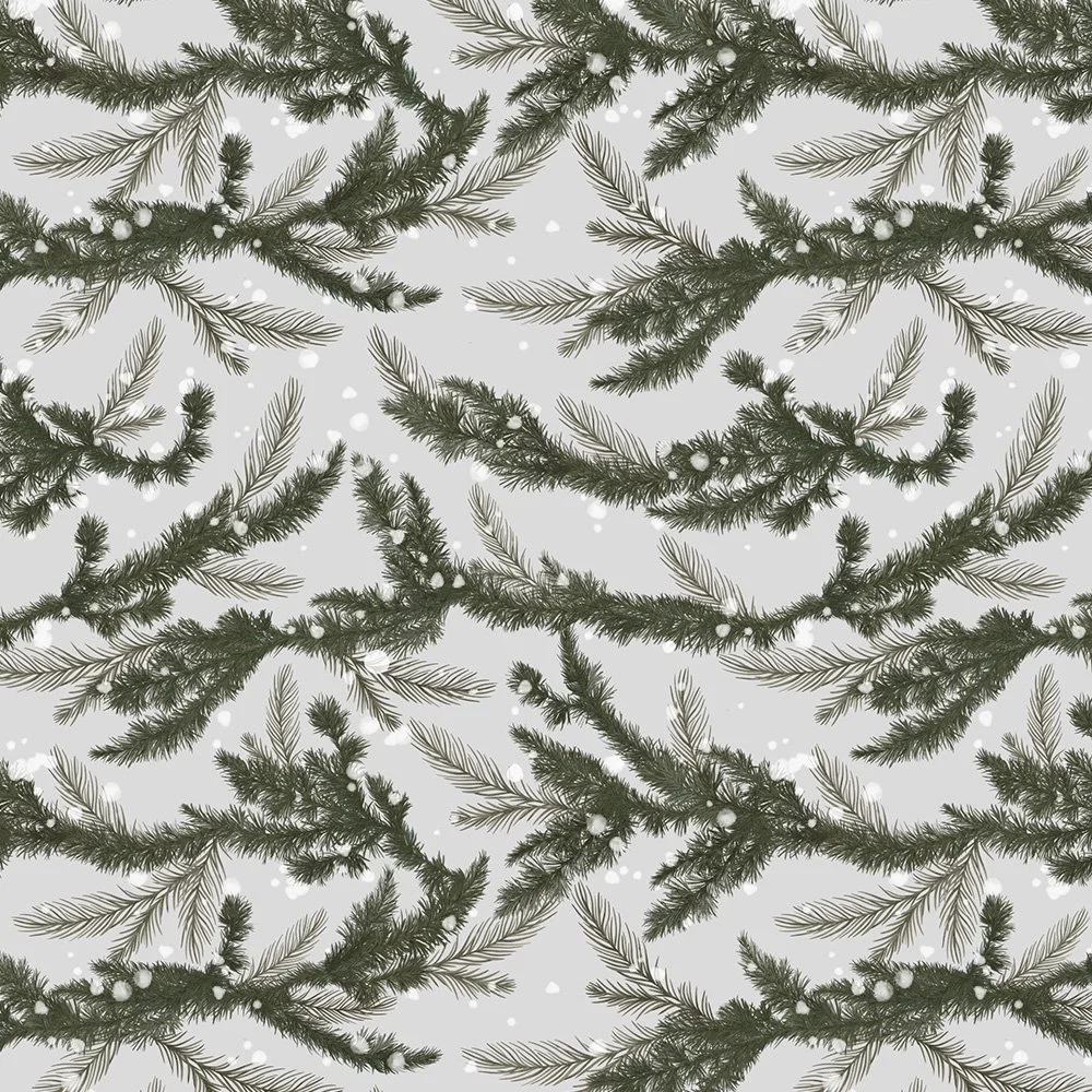 Snow-Dusted Pines · coordinate: snow-dusted pine branches on pale winter grey