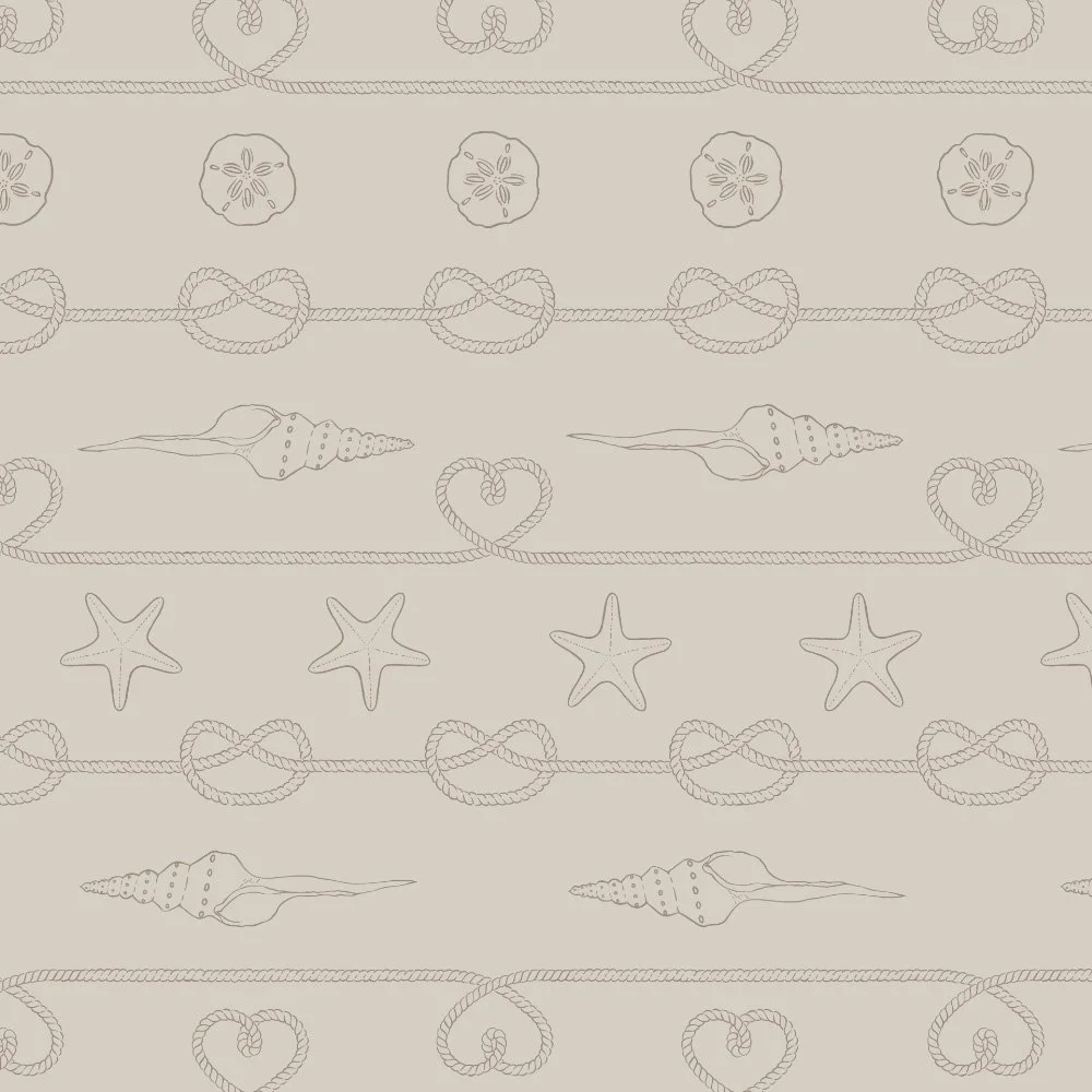 Ocean Treasures · coordinate: rows of rope knots, starfish and shells on sand