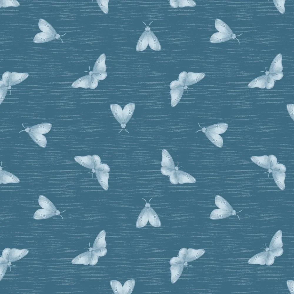 Midnight Flutter · coordinate: cream moths fluttering on textured dusk blue