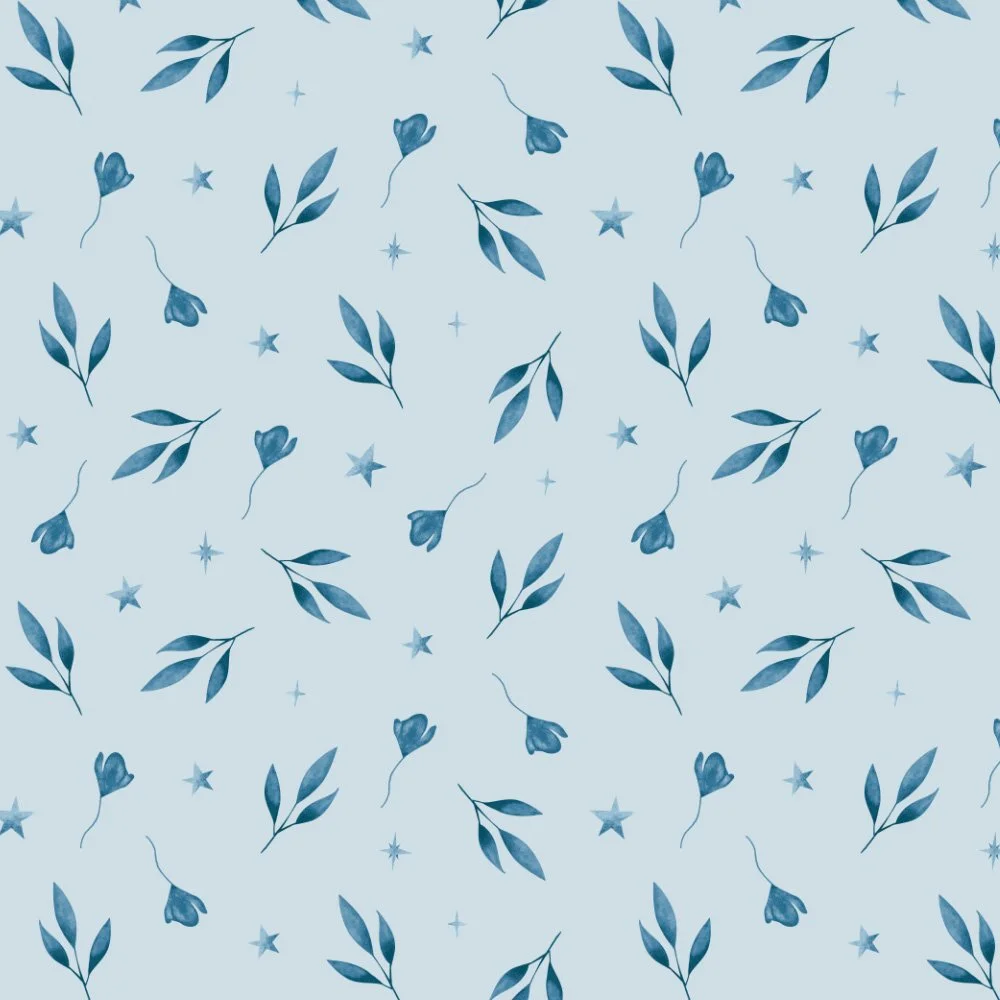 Starry Toss · blender: tiny blue flowers and leaves on pale grey