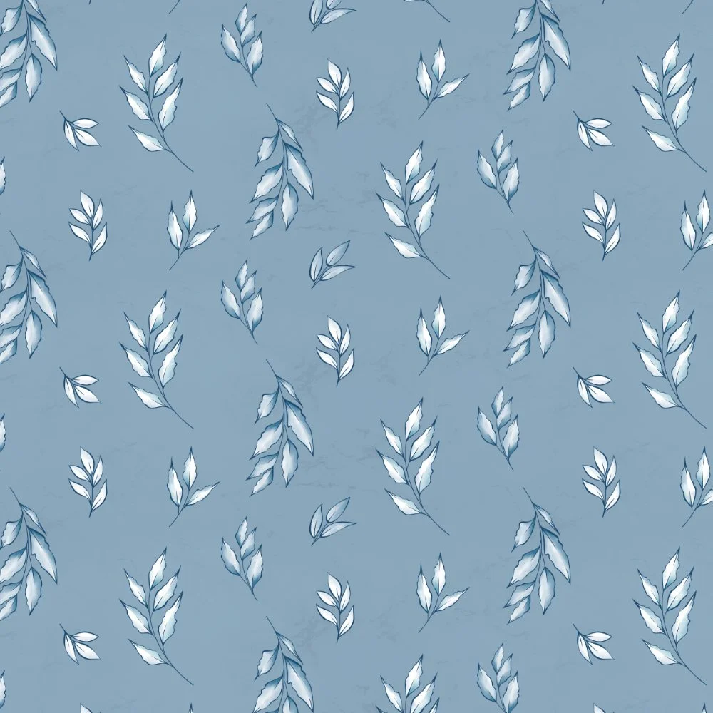 Delft Leaves · coordinate: white leafy sprigs on soft blue