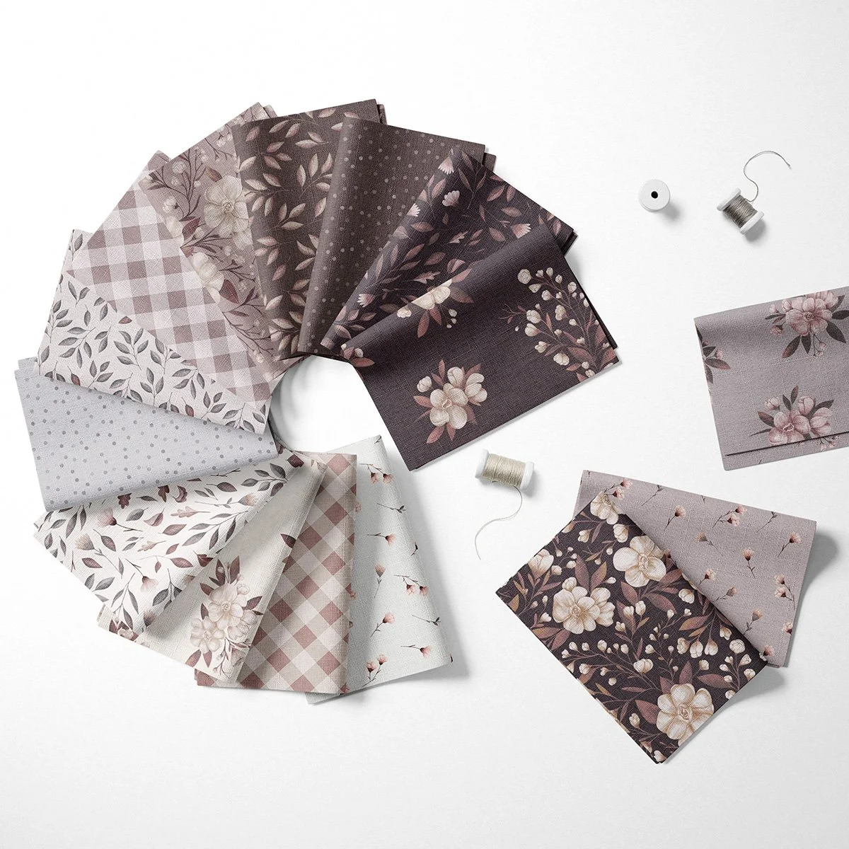 Rosewood Botanica watercolor pattern collection with cream cosmos blooms and rosewood leaves on soft dove grey