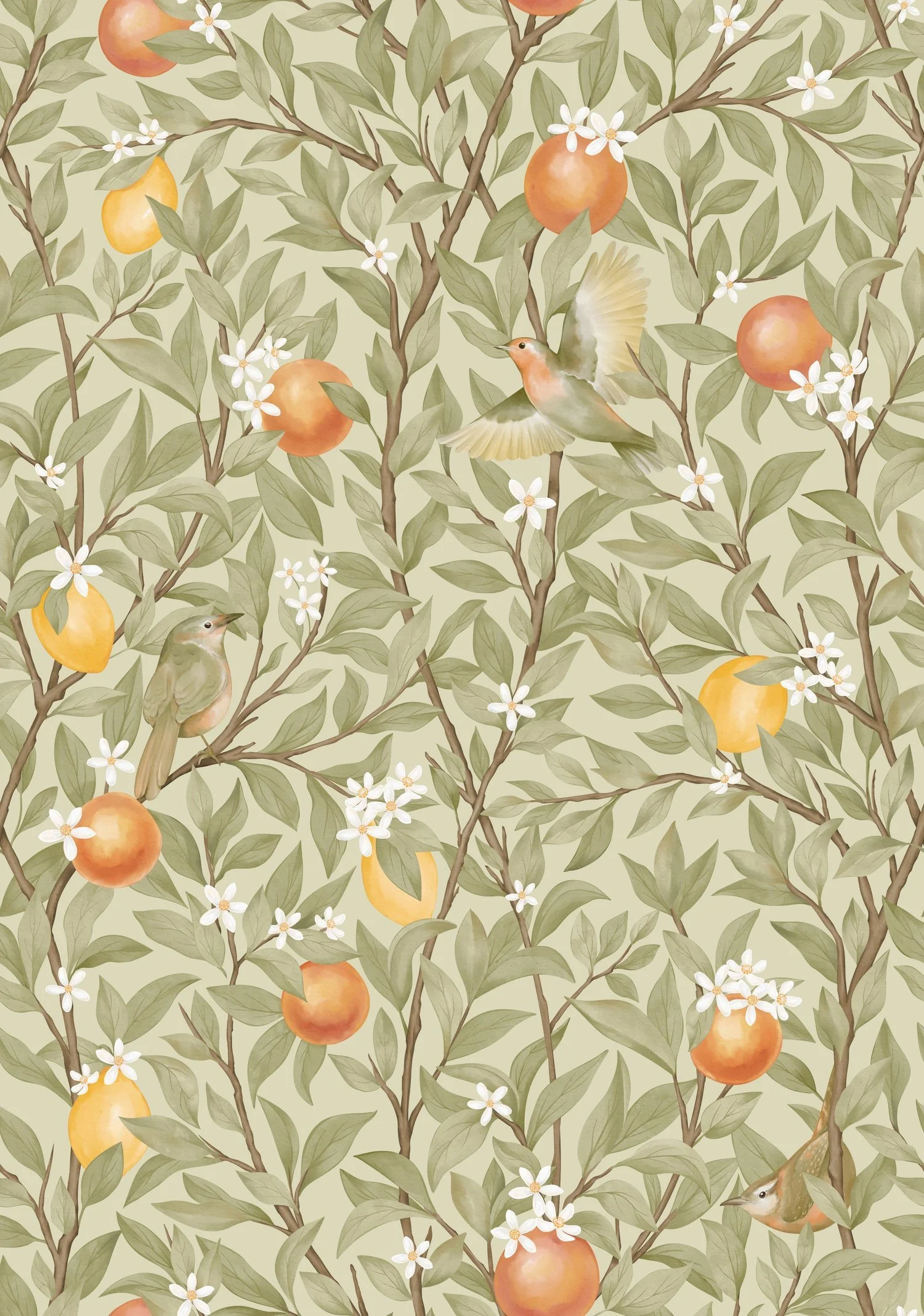 Sunlit Grove watercolor pattern by Stacie Mar in light green, coming to Andover Fabrics in January 2027