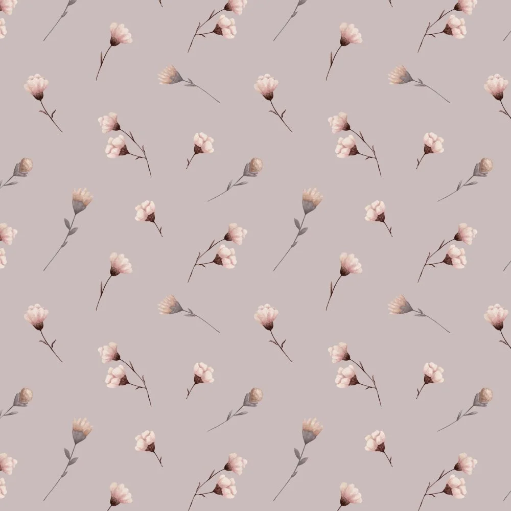 Gentle Blooms · coordinate: tiny blush buds on slender stems scattered on dusty mauve