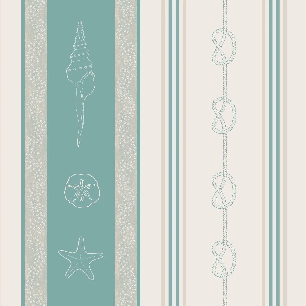 Seaside Stripe · coordinate: teal and cream stripes with shells, starfish and sand dollars