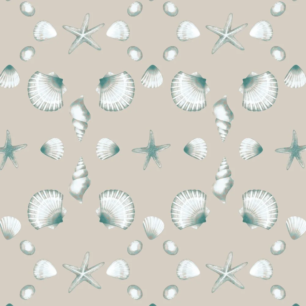 Tidal Lace · coordinate: scallop shells and starfish in a lacy repeat on sand