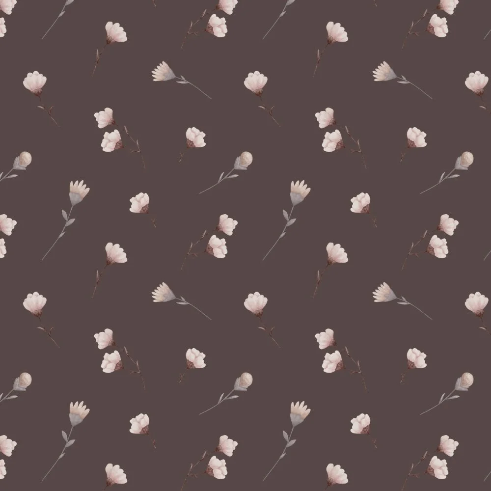 Gentle Blooms · coordinate: tiny cream flower buds scattered on espresso brown