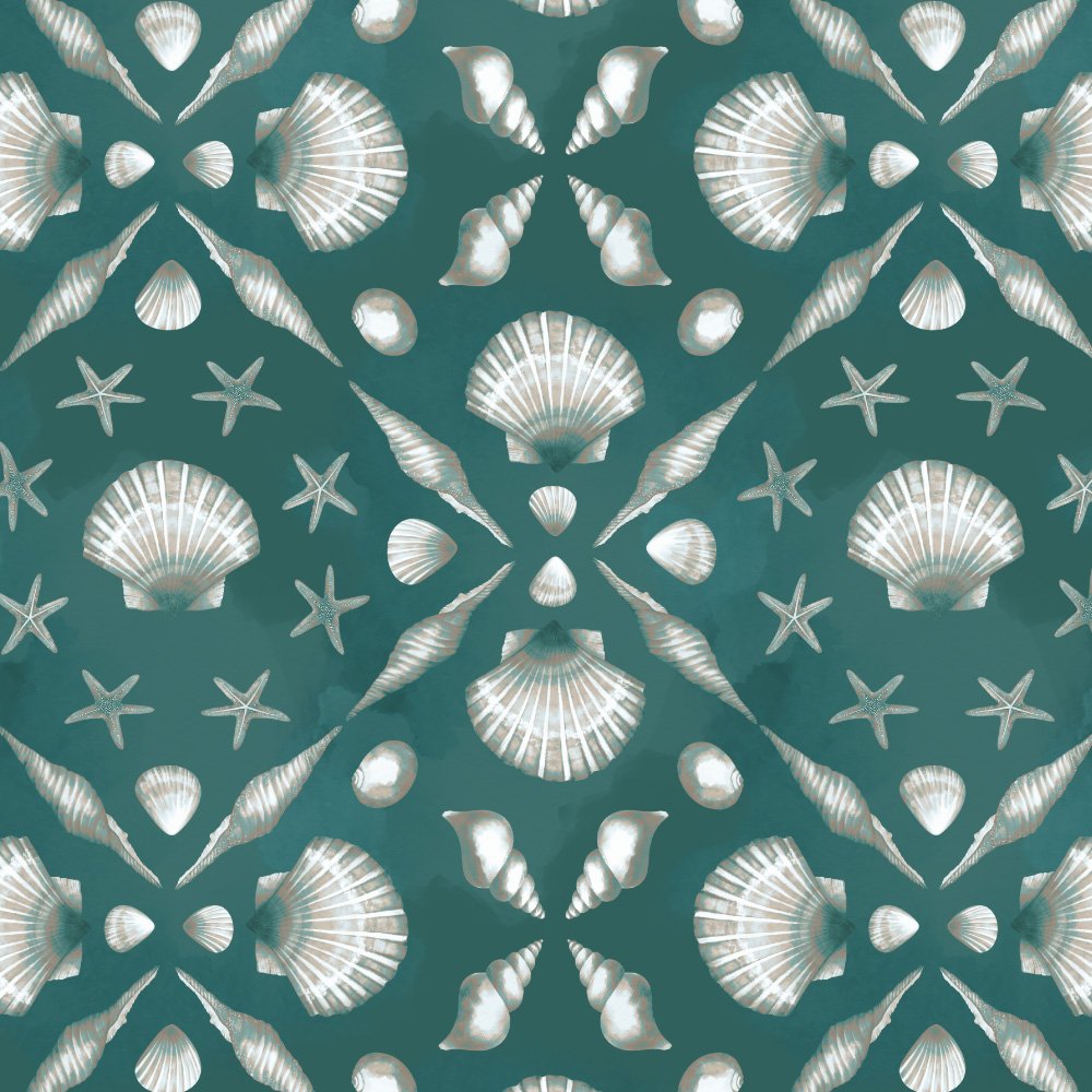 Shell Trellis · coordinate: seashells and starfish in a diamond trellis on deep teal