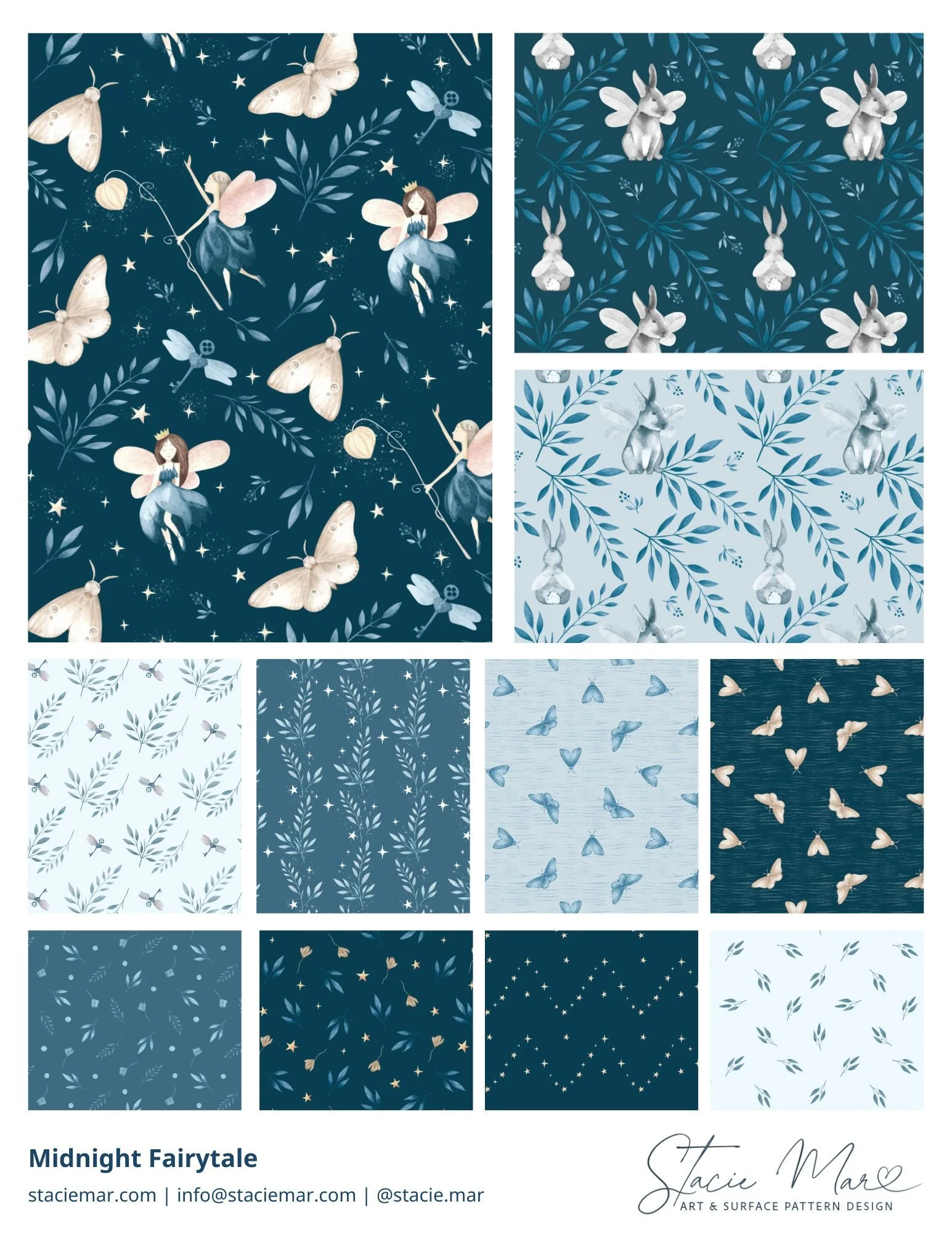 Midnight Fairytale surface pattern collection by Stacie Mar: fairies, bunnies, moths and starry florals in midnight navy, dusk blue and pale sky