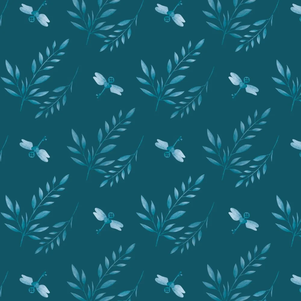 Mystic Grove · coordinate: leafy sprigs and tiny moths on deep teal