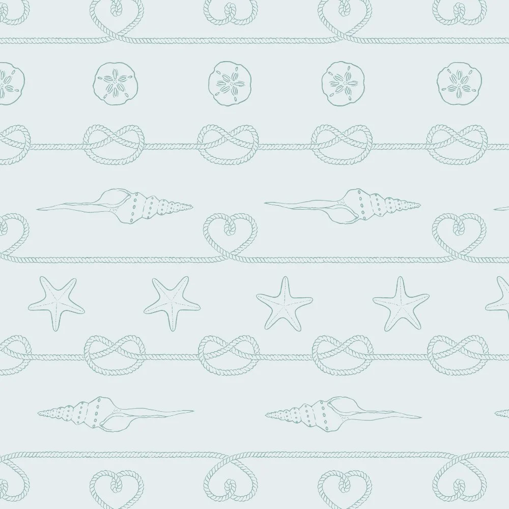 Ocean Treasures · coordinate: rows of rope knots, starfish and shells on powder blue