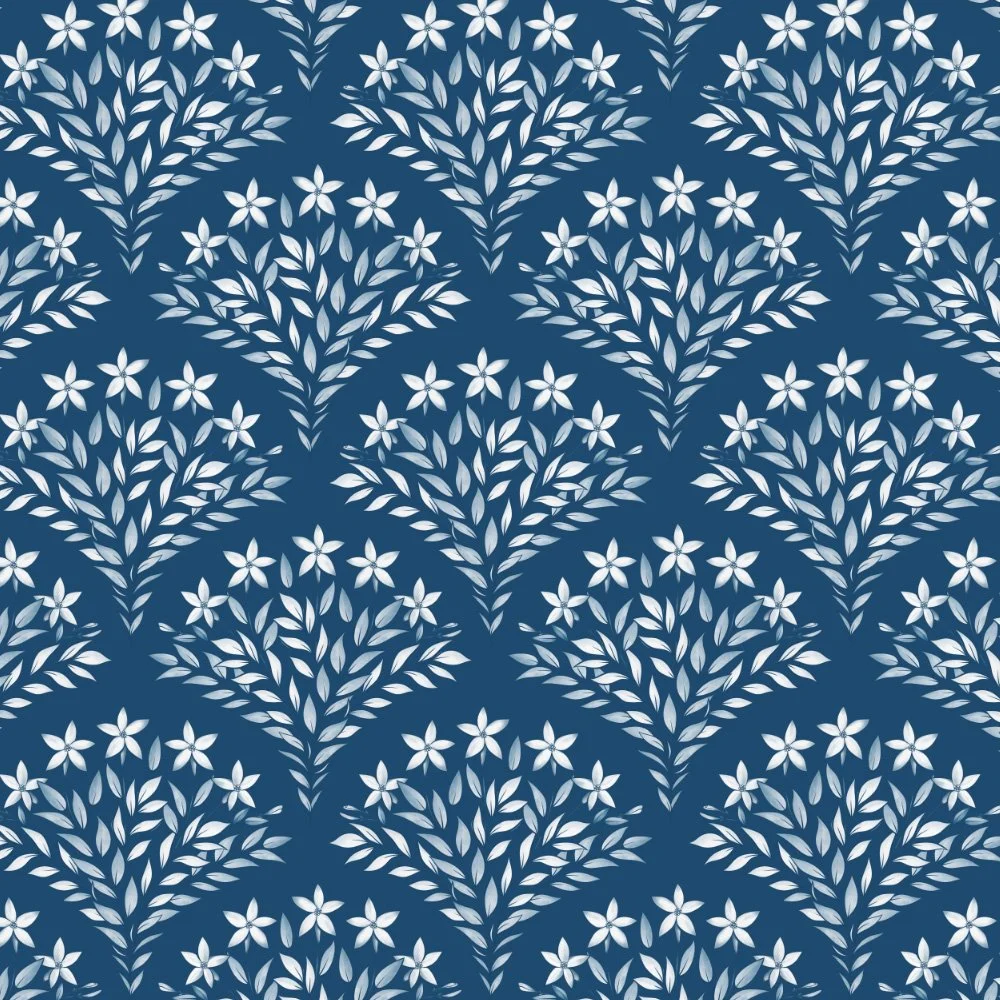 Floral Fan · coordinate: white floral fans in a scalloped repeat on navy