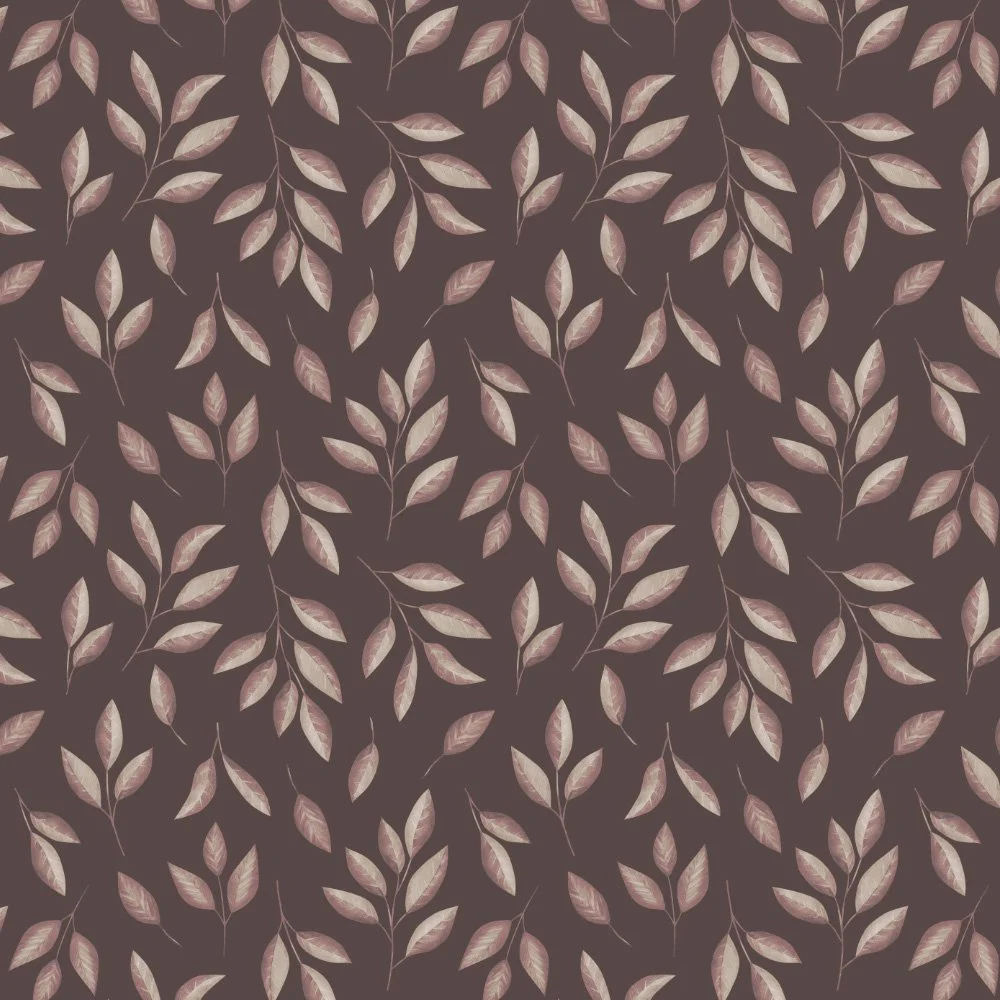 Woodland Leaves · coordinate: cream and mauve leafy sprigs on cocoa brown