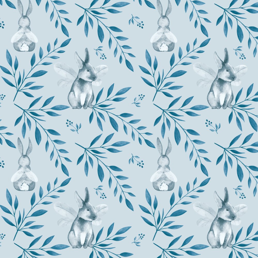 Fairy Tale Bunnies · coordinate: white bunnies among leafy branches on pale grey