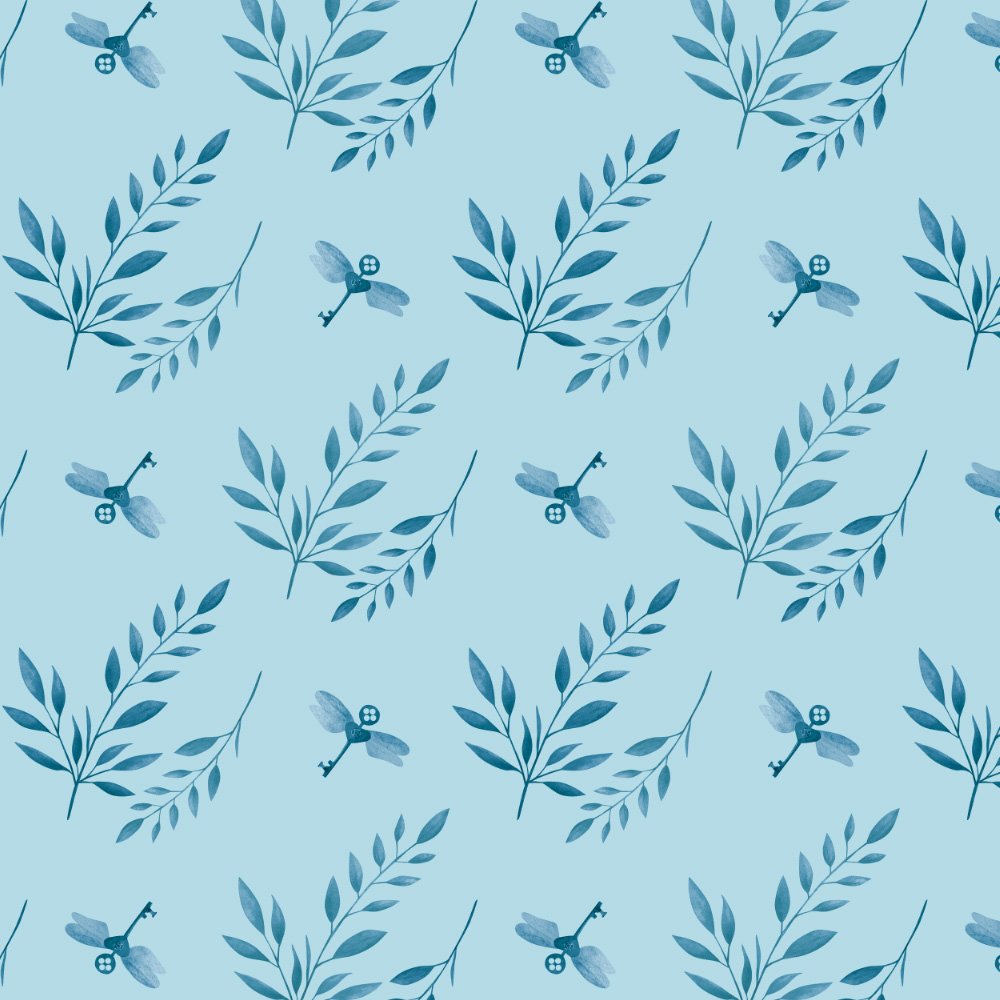 Mystic Grove · coordinate: leafy sprigs and tiny moths on sky blue