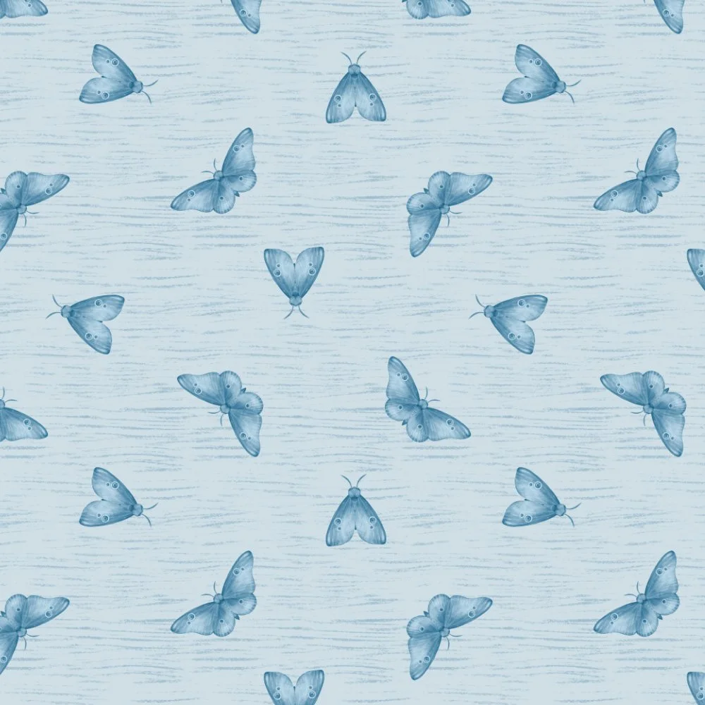 Midnight Flutter · coordinate: blue moths fluttering on textured pale sky