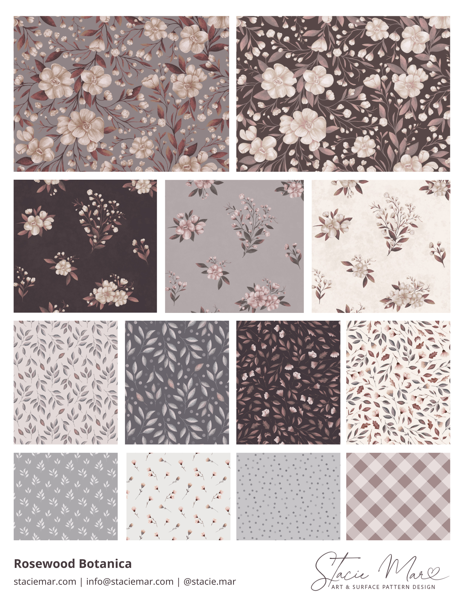 Rosewood Botanica surface pattern collection by Stacie Mar: cosmos florals, rustic bouquets, leafy botanicals and checks in rosewood, dusty mauve, soft burgundy and warm cream