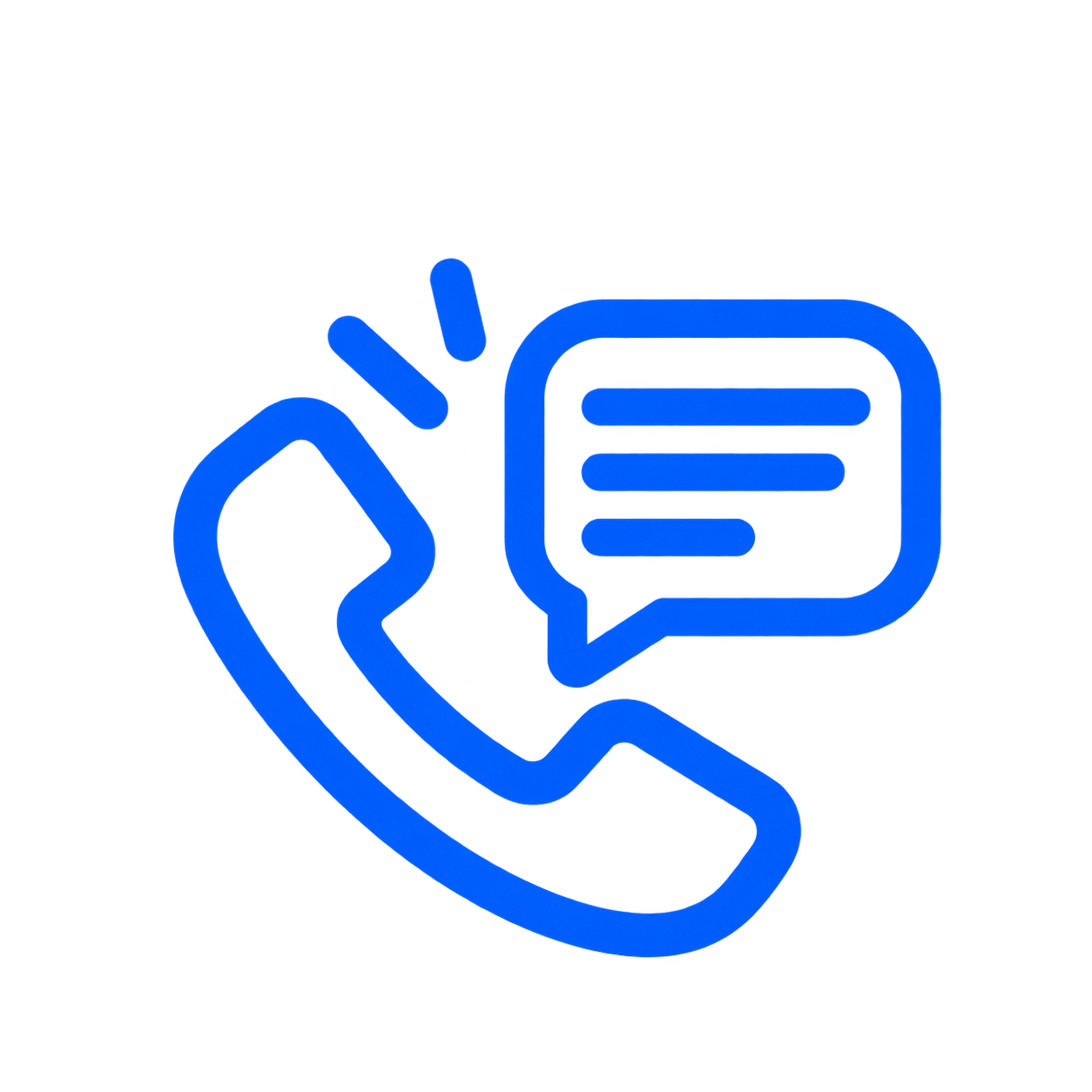 Outline of a hand holding a smartphone with a chat bubble icon displayed on the screen, depicted in blue.