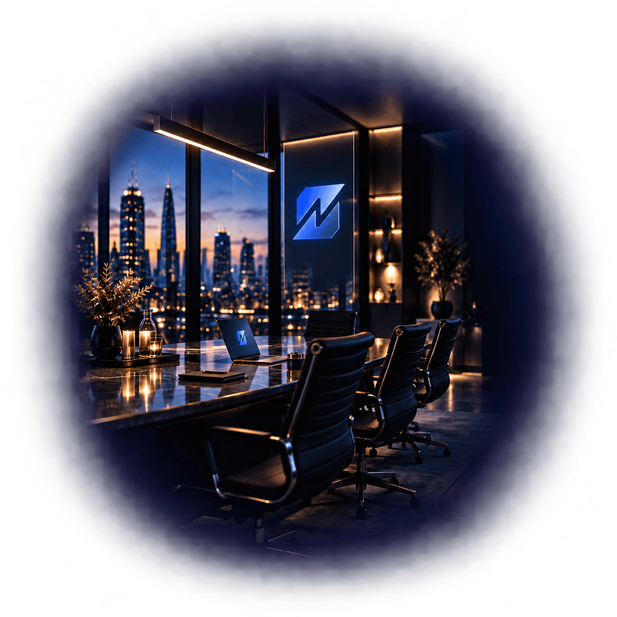 A modern executive conference room with a large glass window showcasing a cityscape at sunset. The room features a sleek table with laptops, notebooks, vases, and candles, and has a prominent illuminated logo on a glass panel.