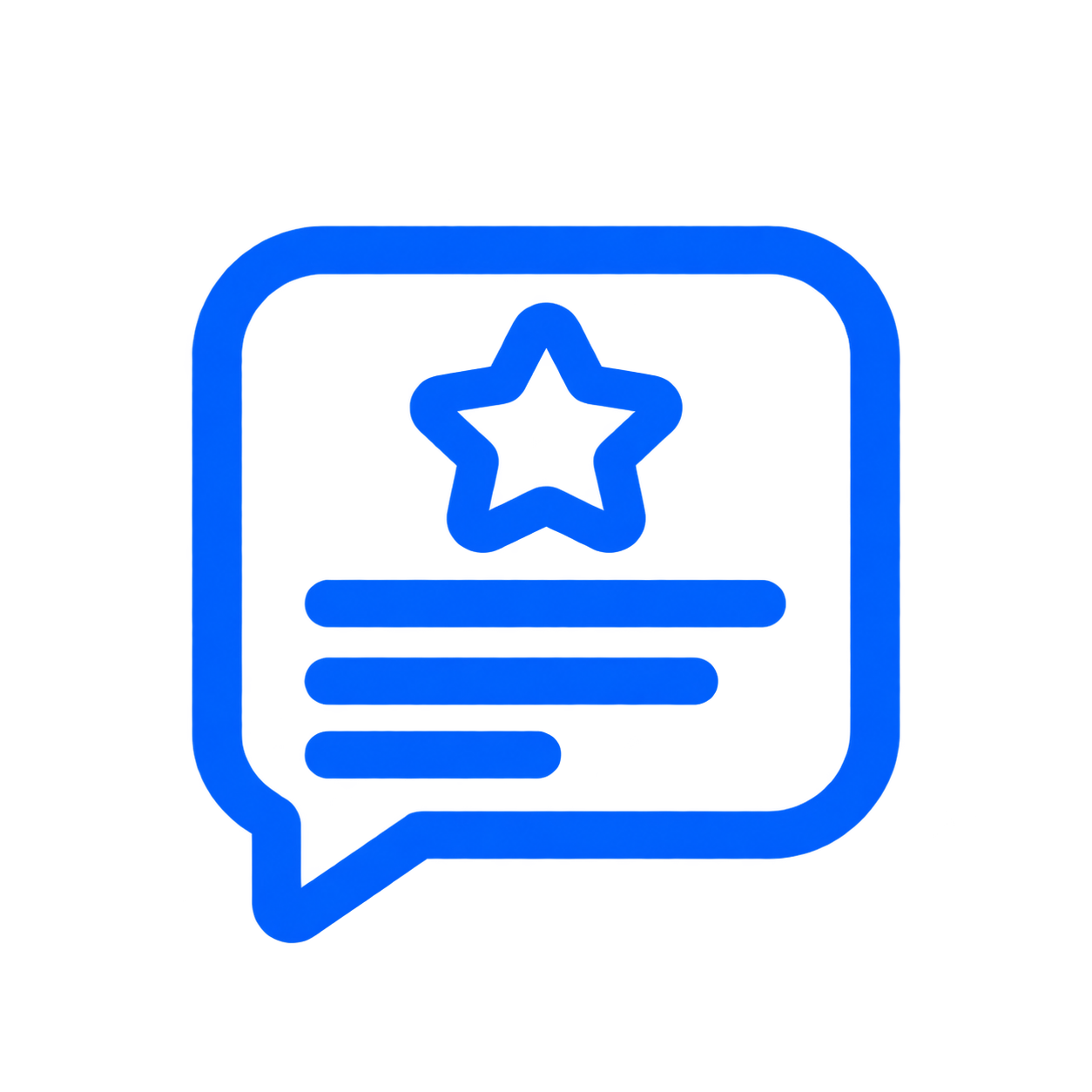 Blue neon icon of a speech bubble with a star and lines representing text inside.