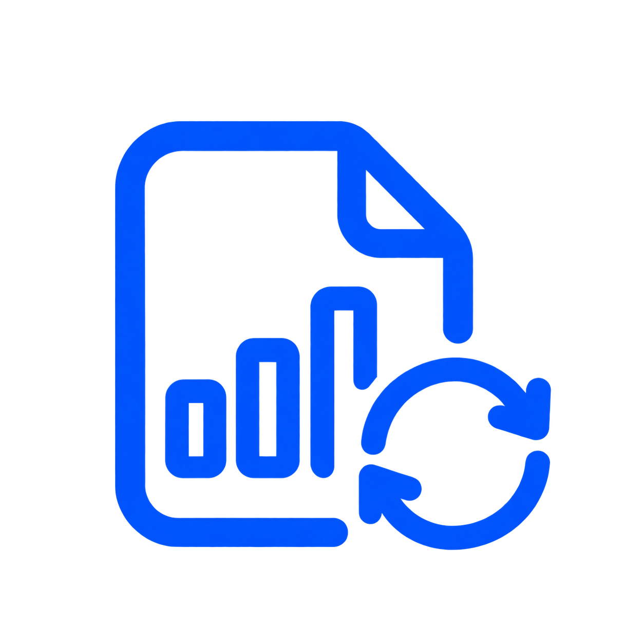 Blue icon of a document with a bar graph and a circular arrow indicating data refresh or update.