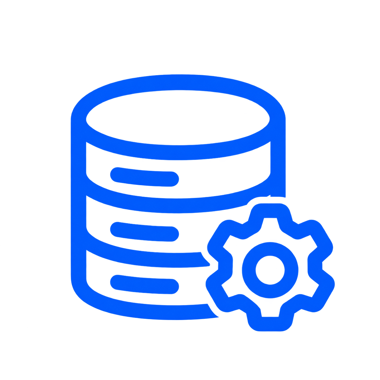 3D blue outline icon of a database with a gear symbol, representing database settings or management.