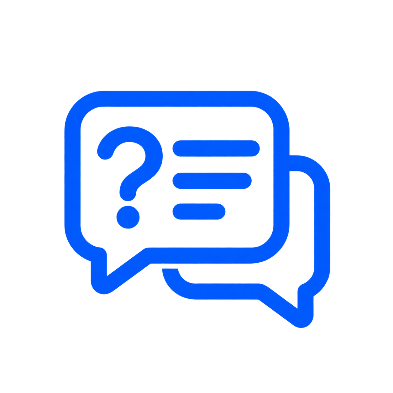 Neon blue outline of a speech bubble with a question mark and lines representing text inside.