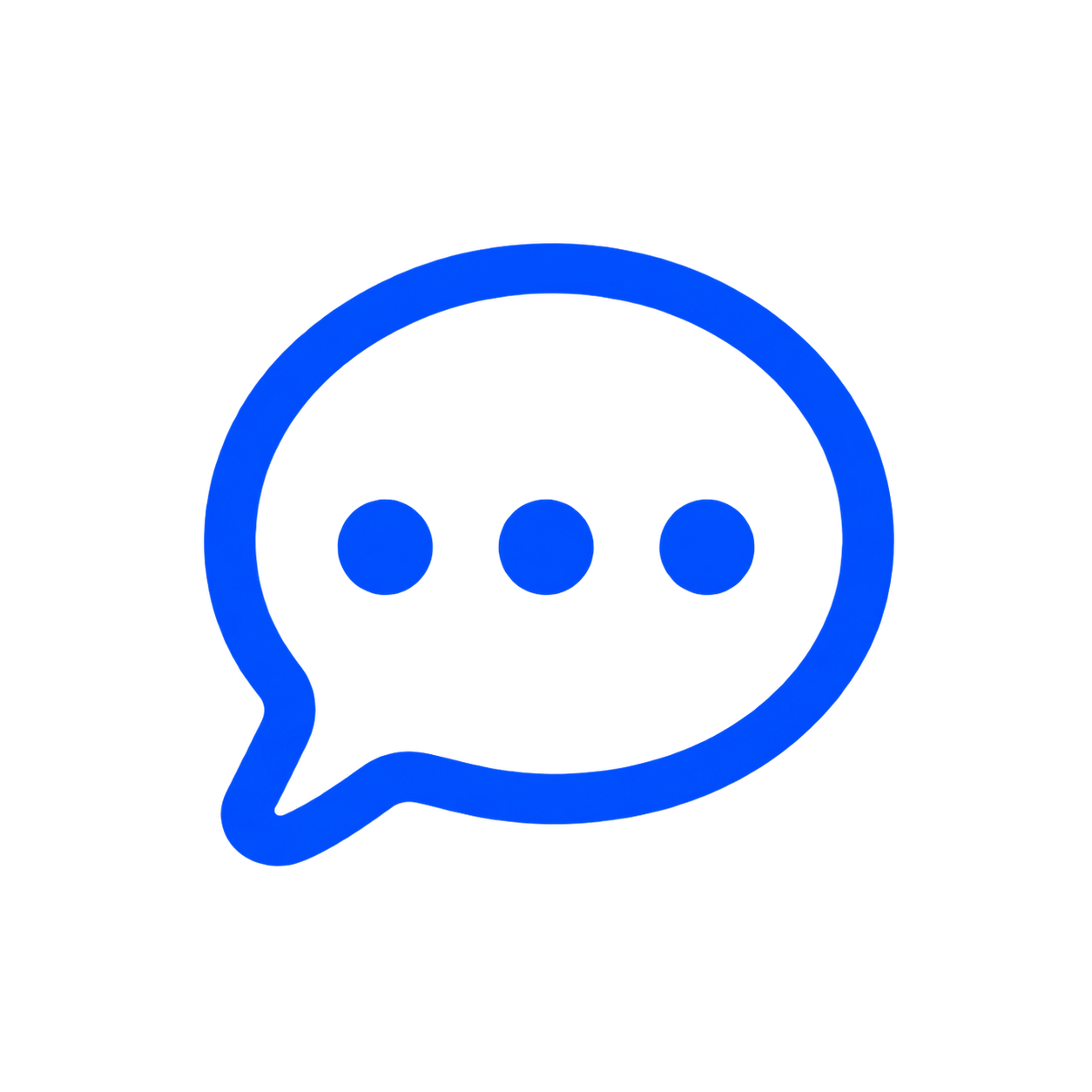 Neon blue chat bubble icon with three dots inside on a black background.