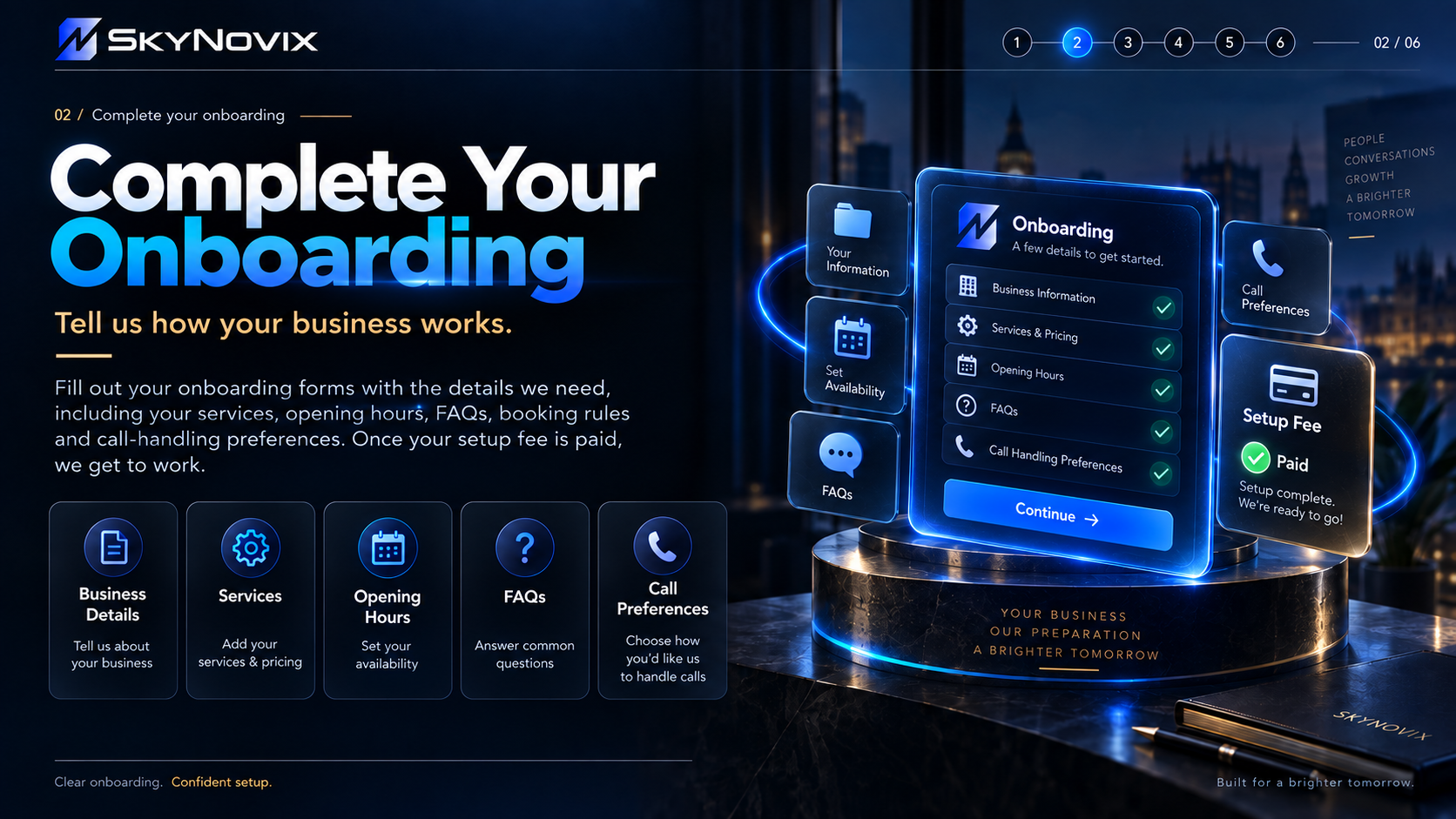 SkyNovix onboarding webpage with digital interface displaying business setup options, including information, availability, FAQs, and call preferences, on a dark background with a cityscape