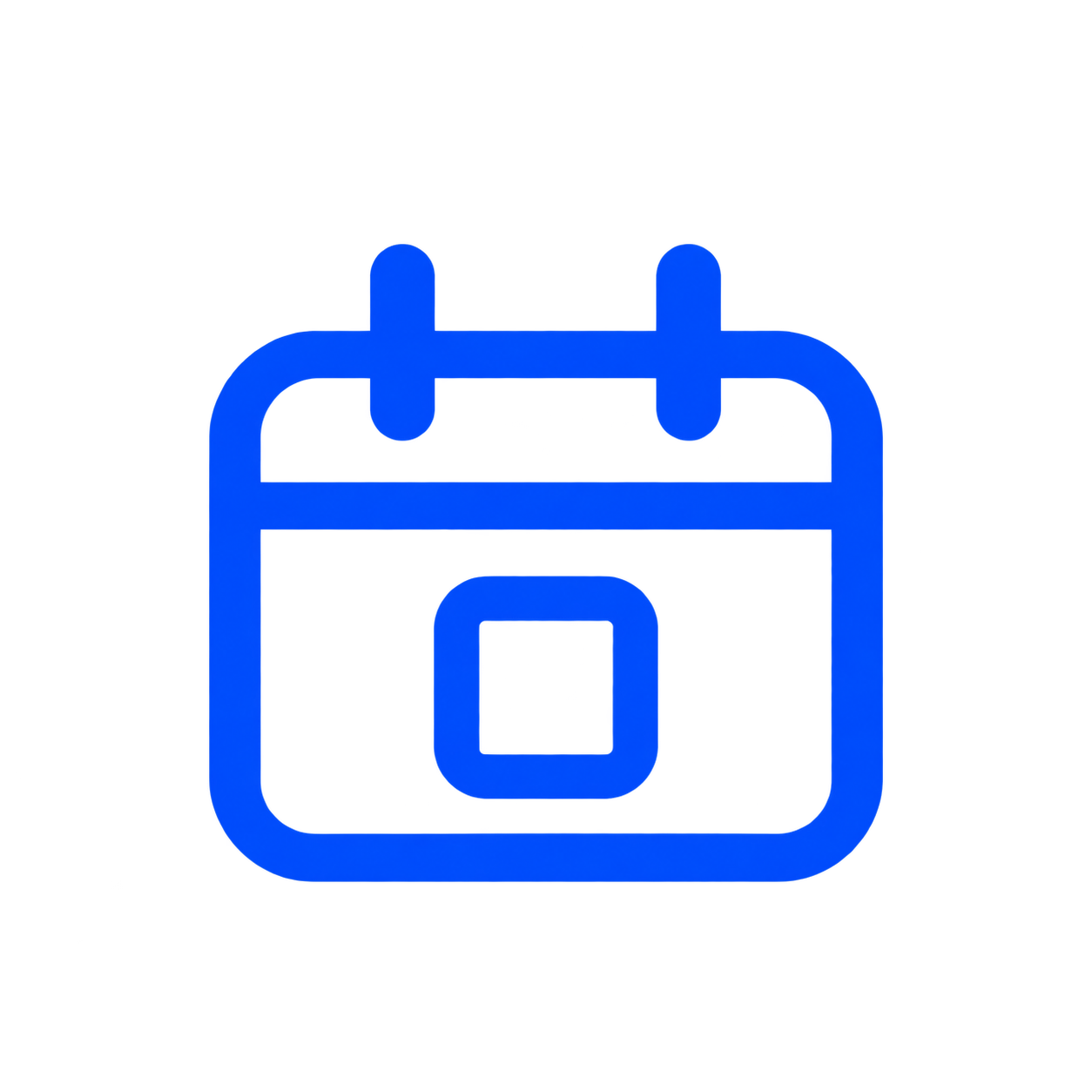 Blue neon calendar icon with two binding rings at the top and a square date block at the bottom center.
