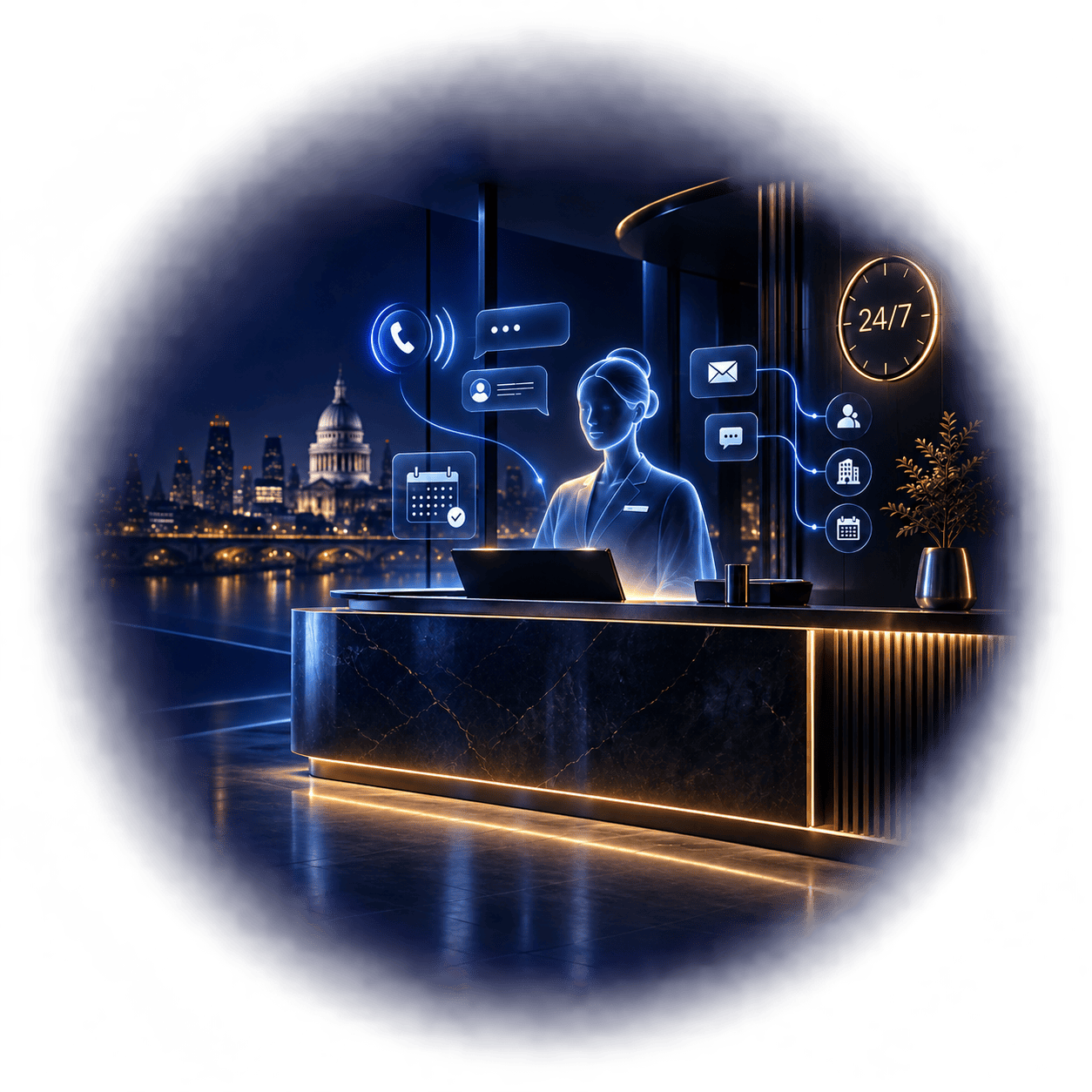 Virtual front desk receptionist is in an office