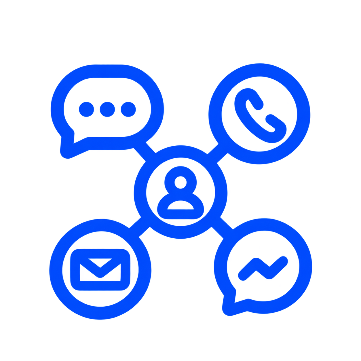 Neon blue icons of communication methods including chat, phone, email, Facebook Messenger, and a central person connected to all.