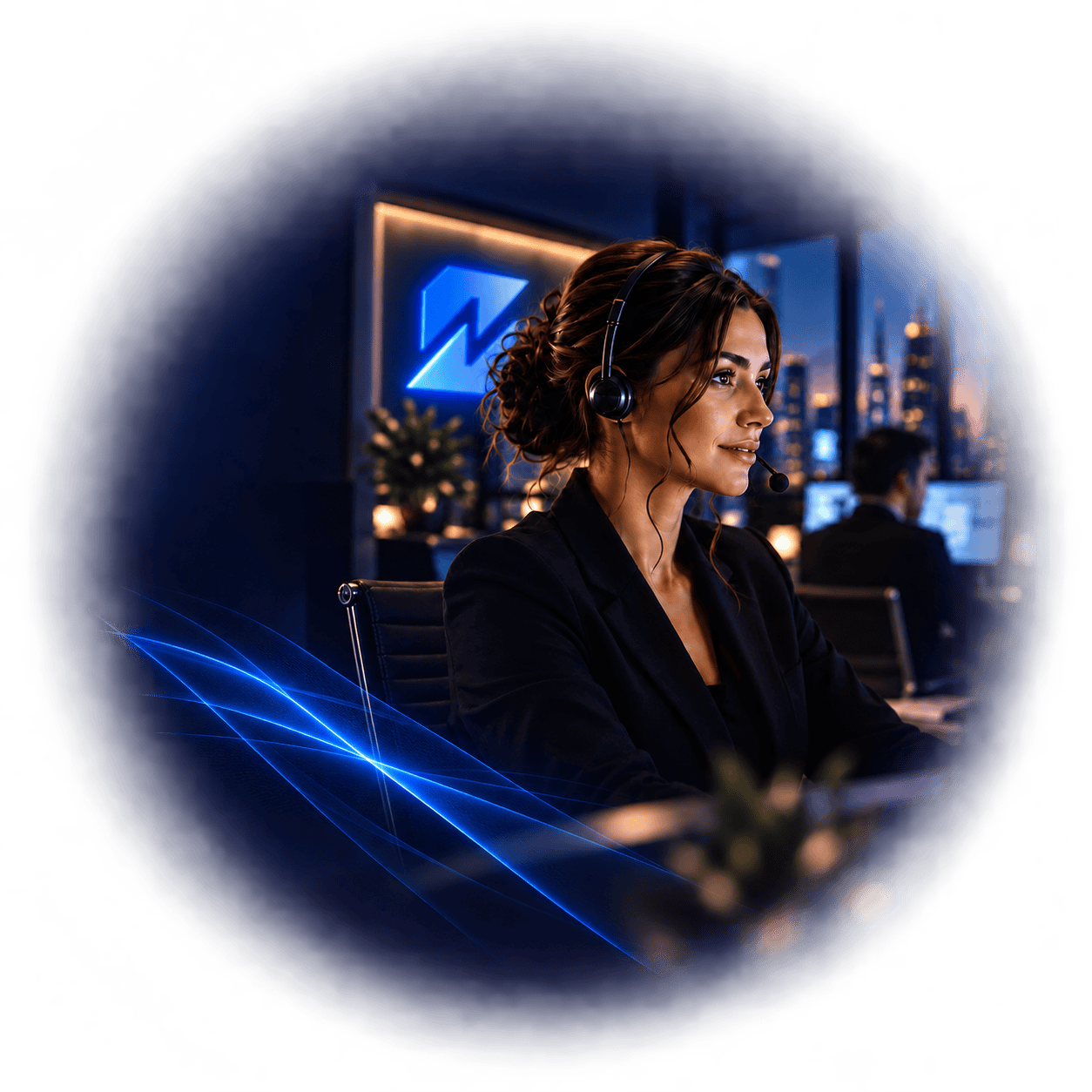 A woman with a headset working at a desk in a modern office at night, with city buildings visible through the windows, illuminated by blue lights and digital graphics.