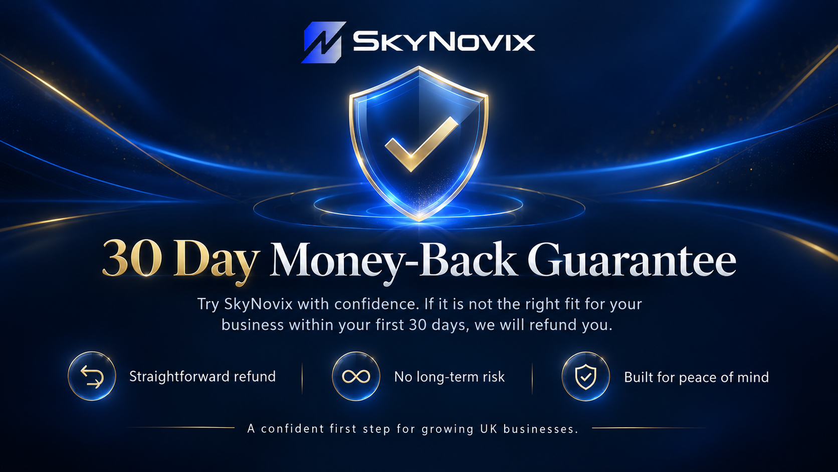 SkyNovix logo at the top, with a shield and checkmark icon in the center. Text below reads '30 Day Money-Back Guarantee'. Additional details mention 'Try SkyNovix with confidence. If it is not the right fit for your business within your first 30 days, we will refund you.' Icons with text indicate 'Straightforward refund,' 'No long-term risk,' and 'Built for peace of mind.' A footer states 'A confident first step for growing UK businesses.'