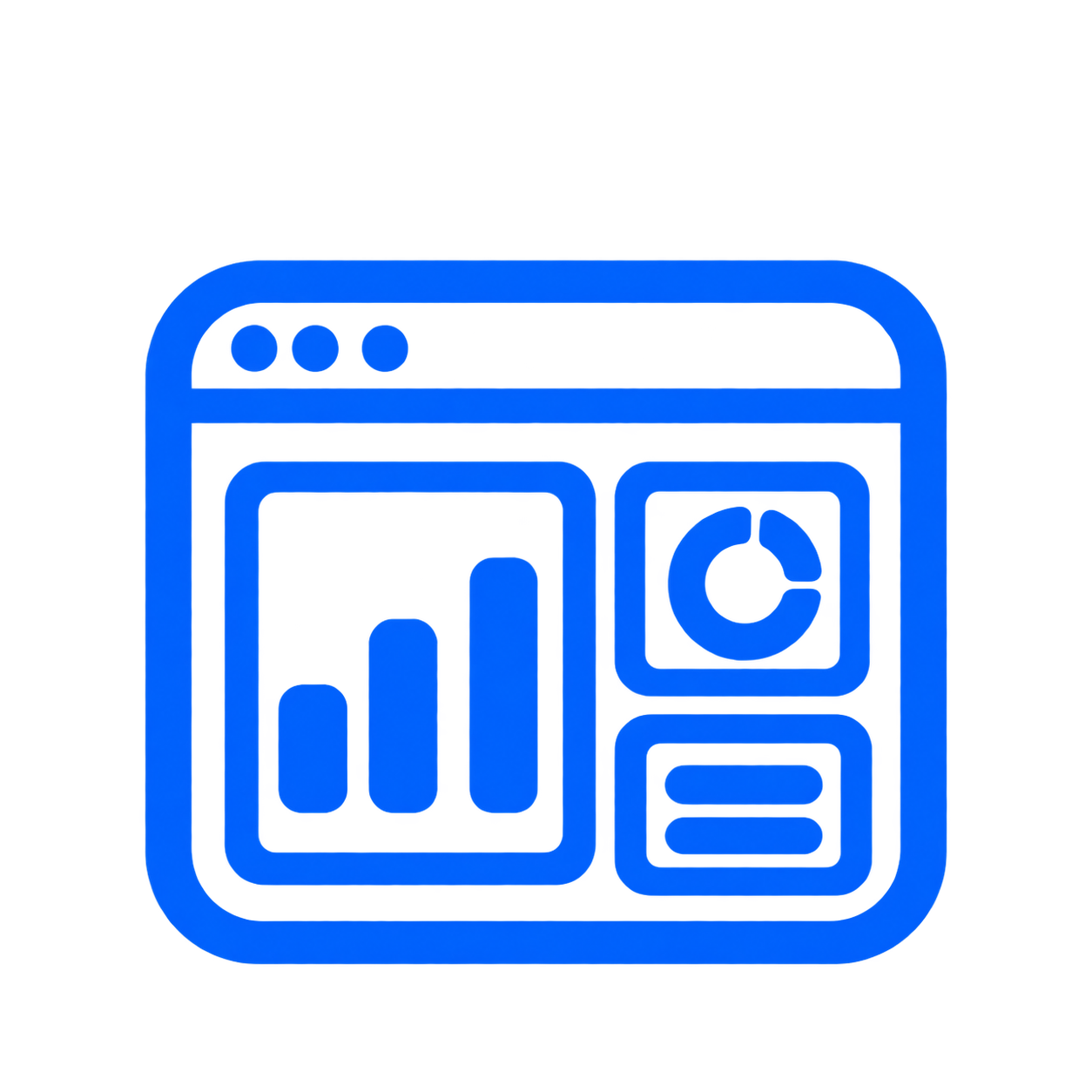 A blue digital icon of a web browser window displaying various graphical elements including bar charts and pie charts.