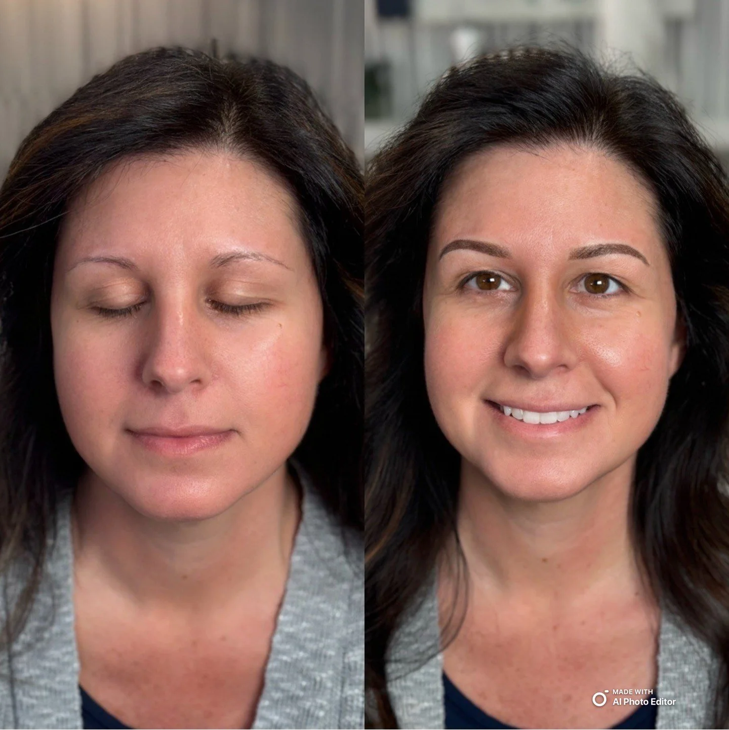 Comparison of a woman's face with closed eyes on the left and open eyes with a smile on the right.