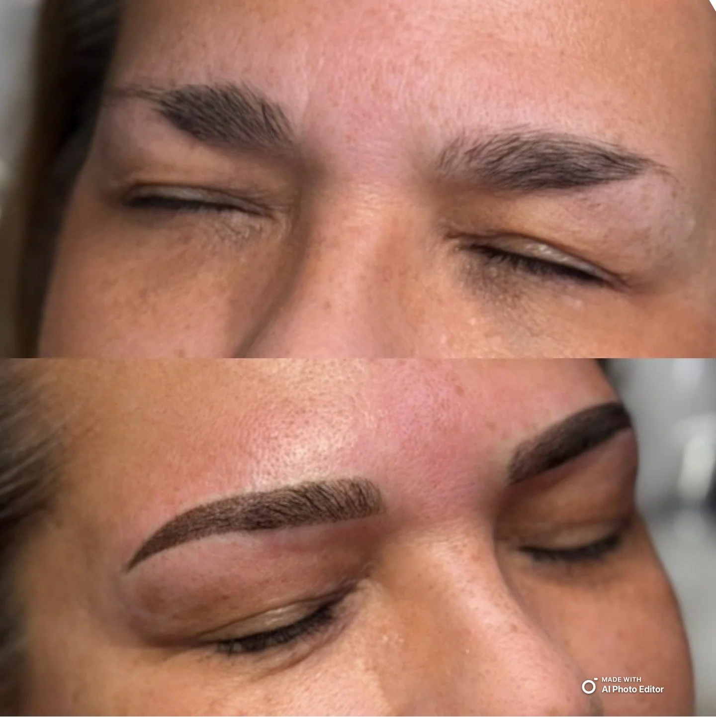 Close-up of a person's face showing before and after eyebrow microblading, with the after image displaying fuller, well-defined eyebrows.