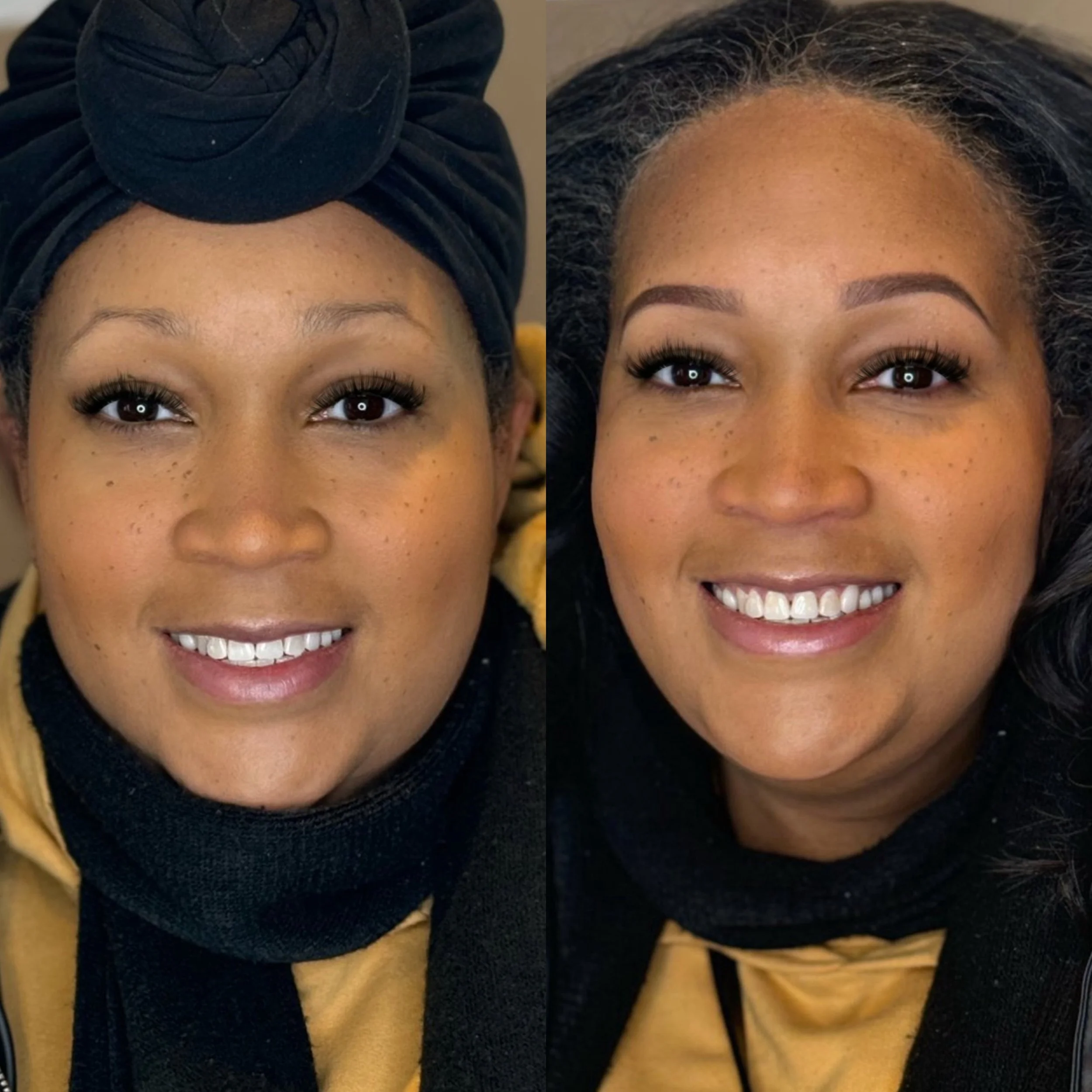 Before and after photos of a woman with makeup, showcasing a transformation with styled hair, makeup, and a headwrap in the first image, and a different hairstyle with makeup in the second.