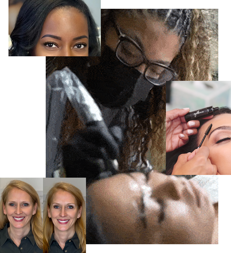 Before and after images of a woman undergoing eyebrow microblading, including the artist working on her eyebrows, close-up of her eyebrows, and her smiling face.