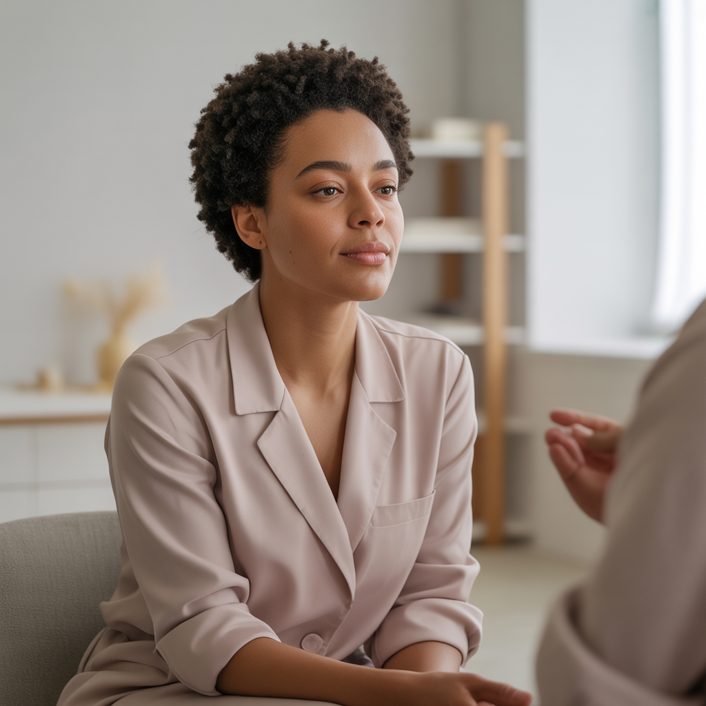 A woman with short curly hair, wearing a beige blouse, is sitting and listening attentively to someone off-camera in a bright, modern room.